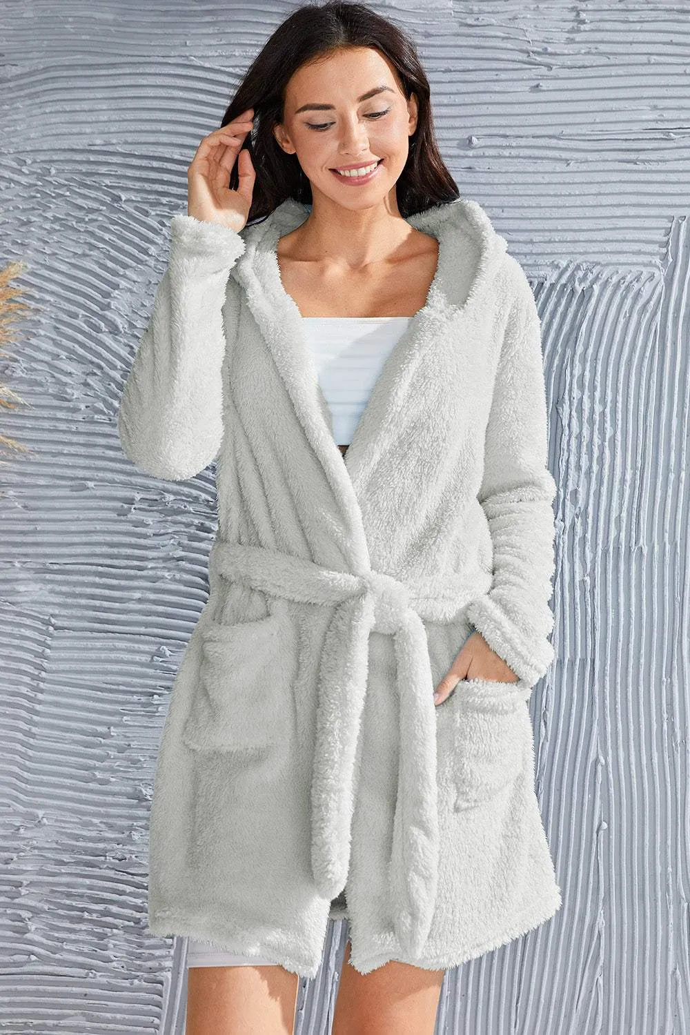 Fuzzy Tied Pocketed Hooded Lounge Nightgown Light Gray Sleep Dresses - Tophatter Daily Deals